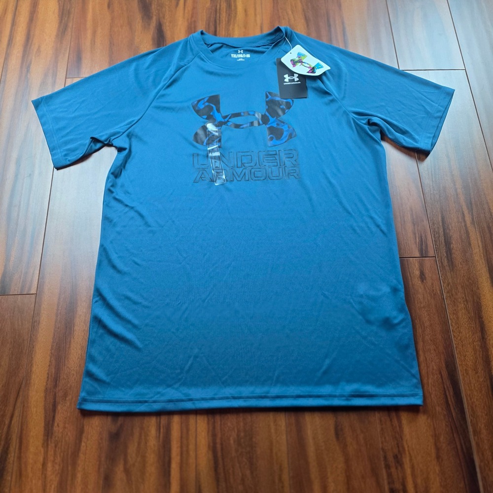 Under Armour Boys Blue Camo Logo Graphic Tee Shirt YXL Loose Fit NWT